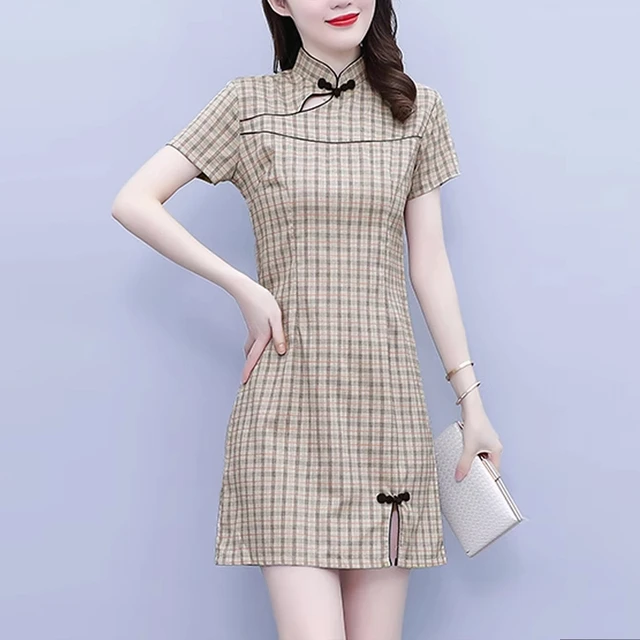 小个子格子旗袍女2024年新款通勤少女高端气质立领改良高腰连衣裙