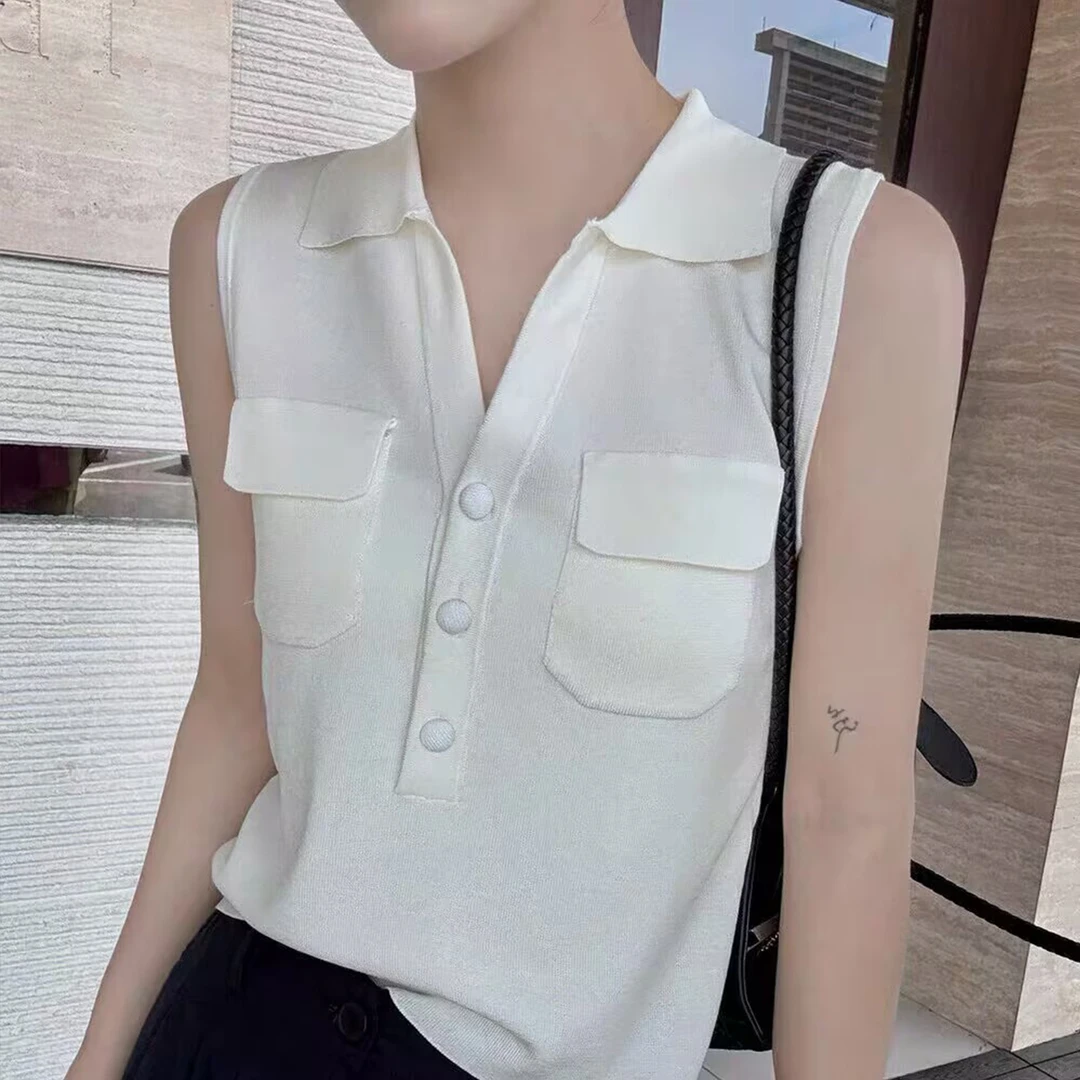 设计感翻领无袖针织衫女2025夏季新款韩版两口袋气质显瘦背心上衣