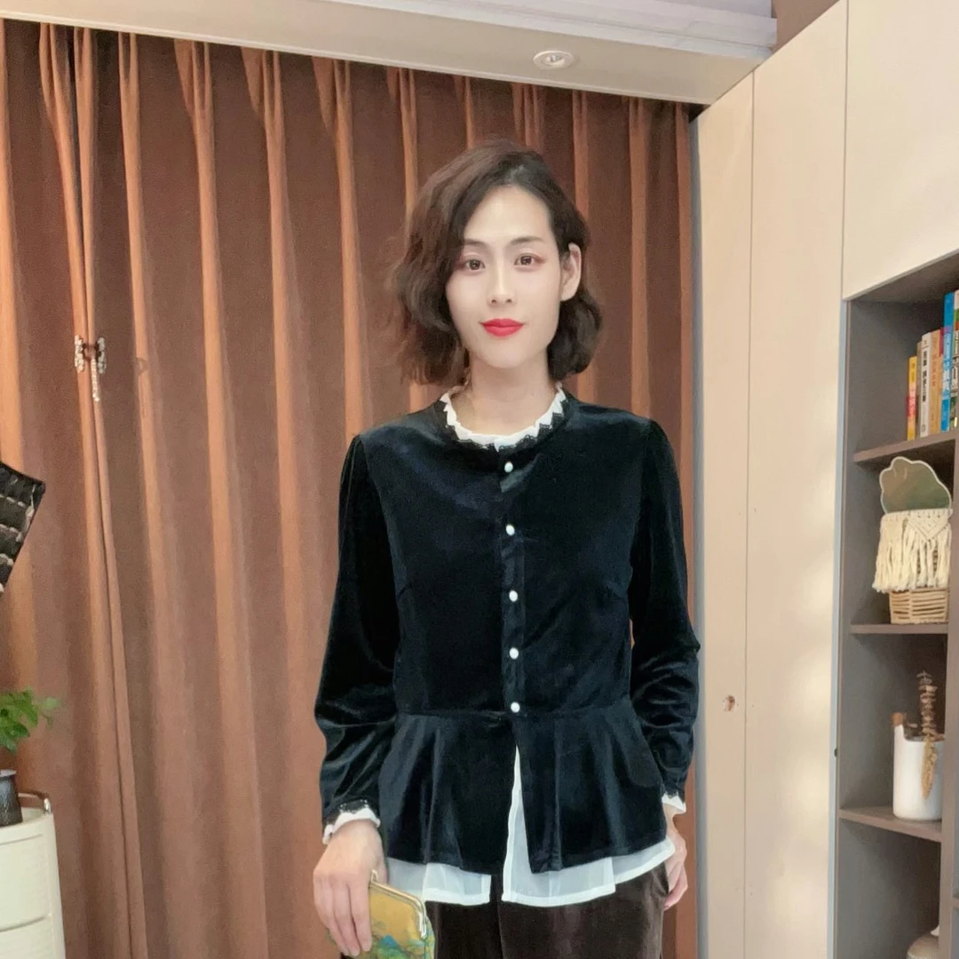 沐染家2025法式假两件衬衫黑色长袖秋款百搭时尚丝绒上衣