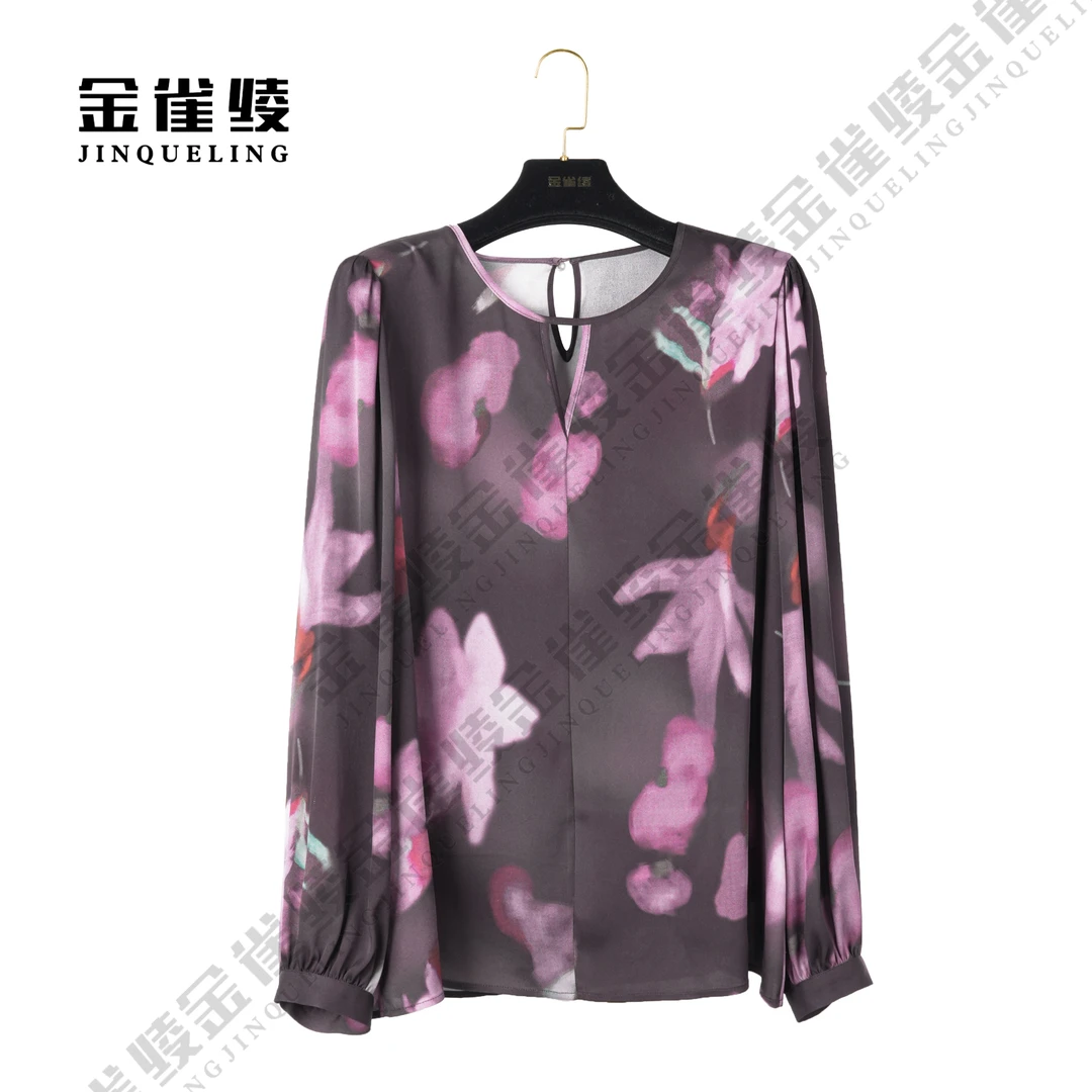 金雀绫【暗香】真丝桑蚕丝春季新款圆领气质印花宽松衬衫B23123