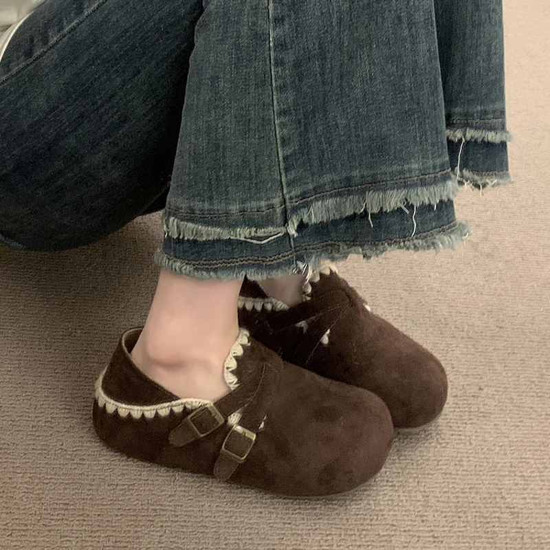 复古厚底加绒内增高5cm勃肯鞋女2025新款一脚蹬懒人两穿勃肯棉鞋