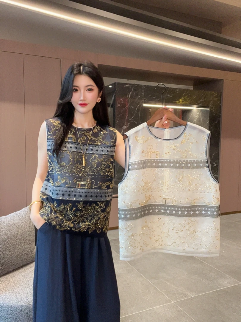【栀如】夏季上衣小衫新中式女装国风圆领重工绣花无袖薄款背心衬衫