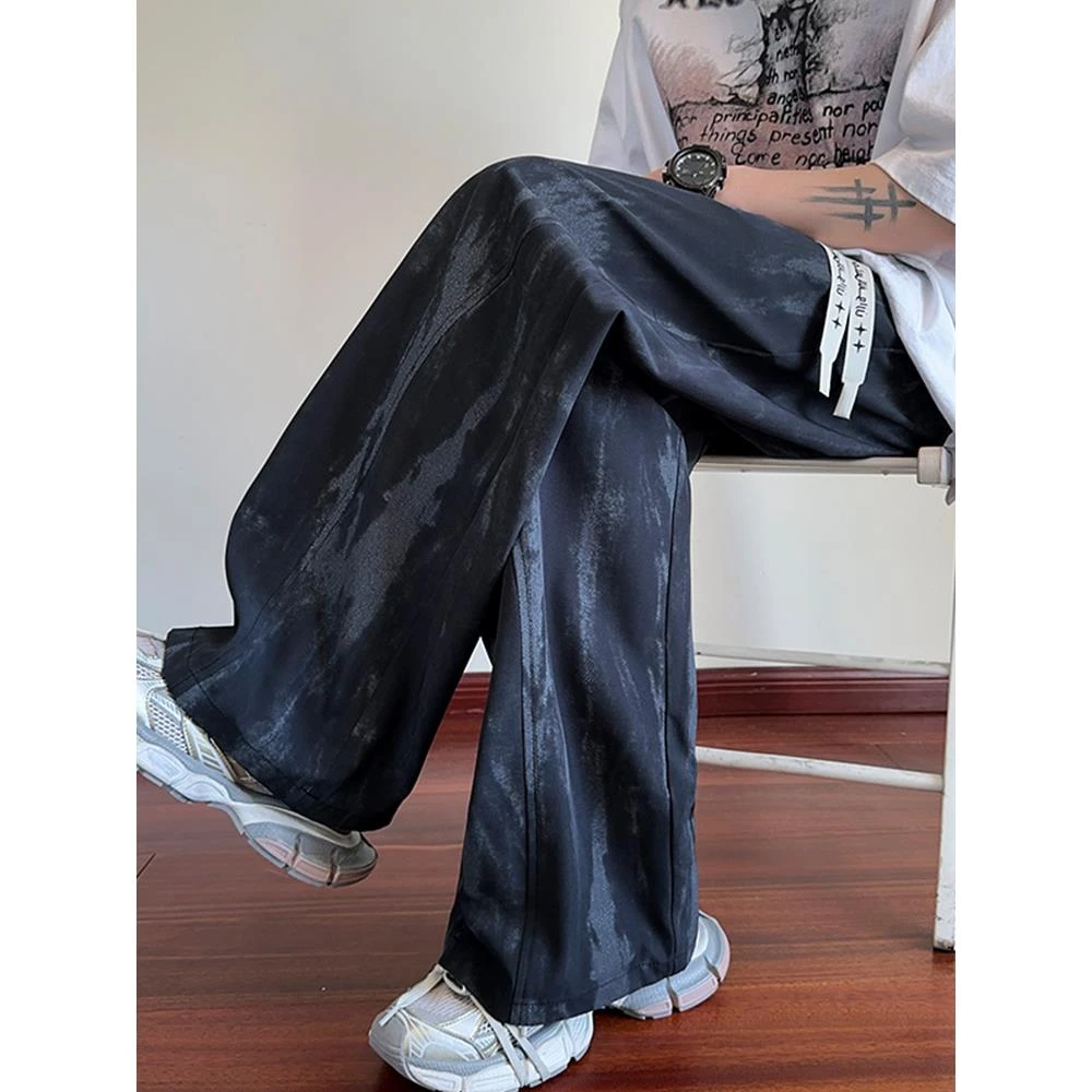 扎染冰丝裤子男春夏季薄款2025新款宽松直筒男裤美式垂感休闲长裤