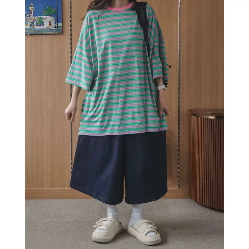 韩国东大门正品现货 彩色条纹短袖T恤