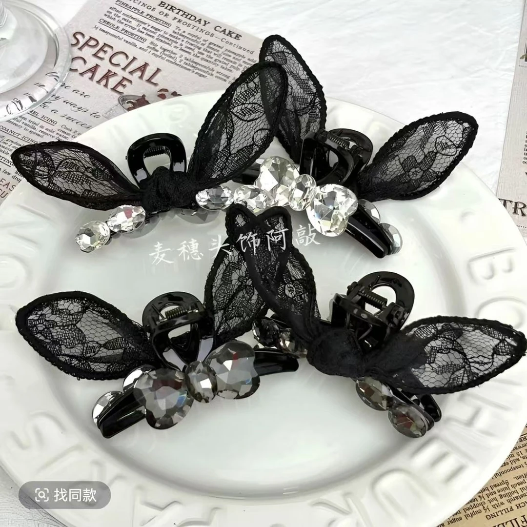 新款2025蝴蝶结网纱发夹夹子兔耳朵刘海夹侧边百搭轻发卡刘海气质