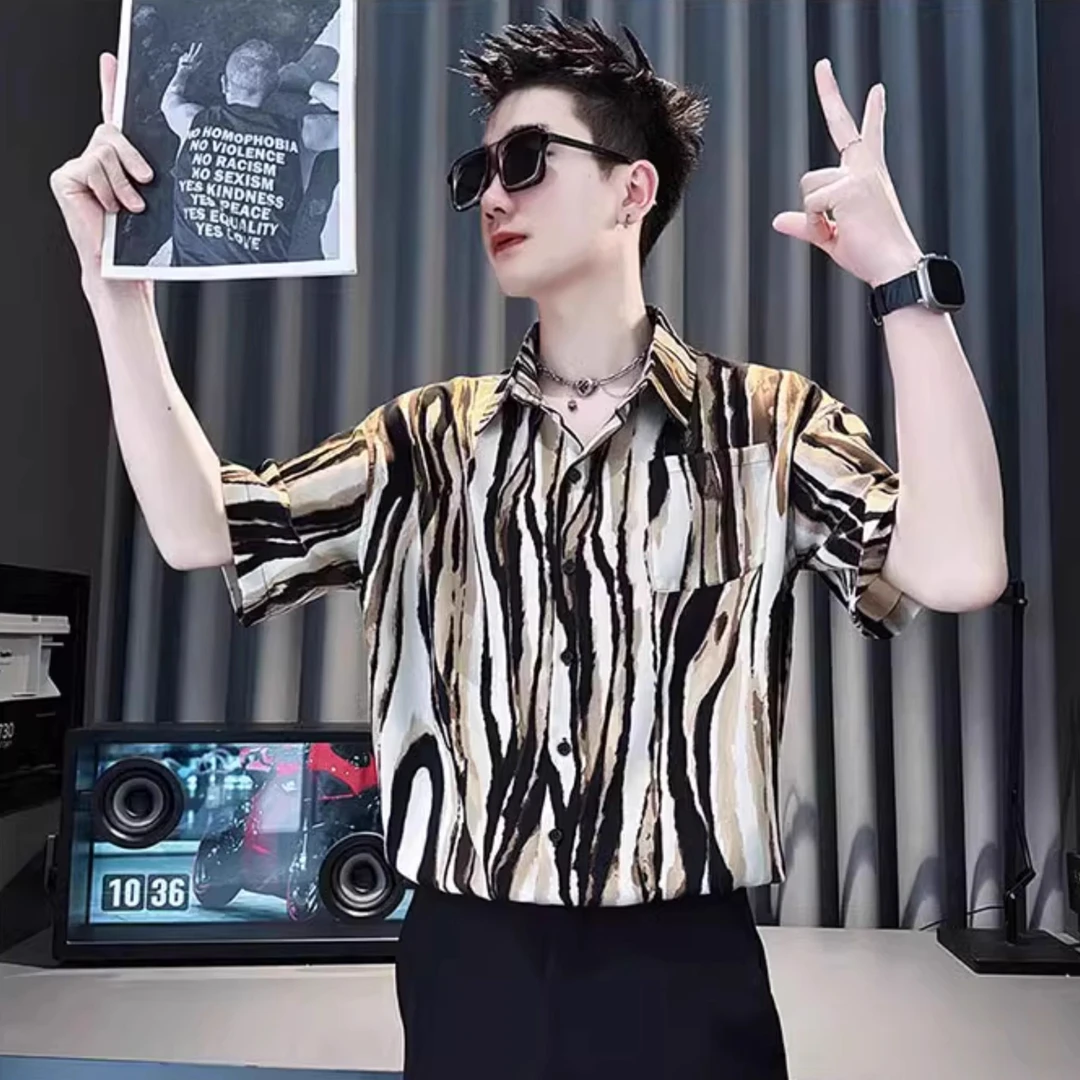 殿若男士短袖衬衫设计感高级扎染冰丝寸衫衣服男新款爆款夏装衬衣