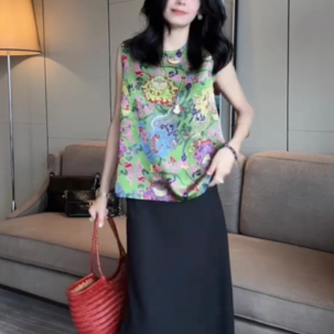 洋气气质提花拼接上衣薄款国风花纹中长款碎花夏季减龄百搭女潮