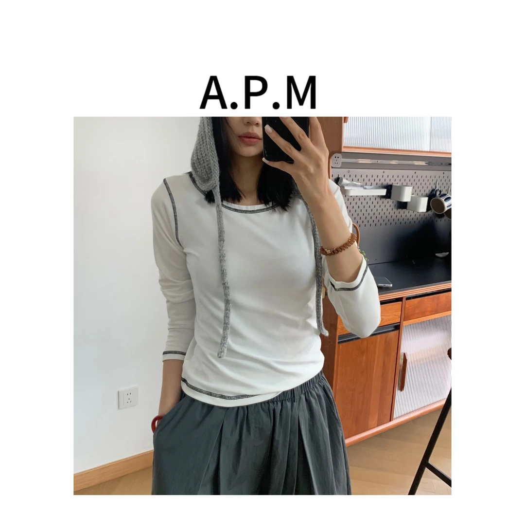 美美家-【麻丝拼色线】韩版时尚撞色线休闲百搭麻丝打底衫-A