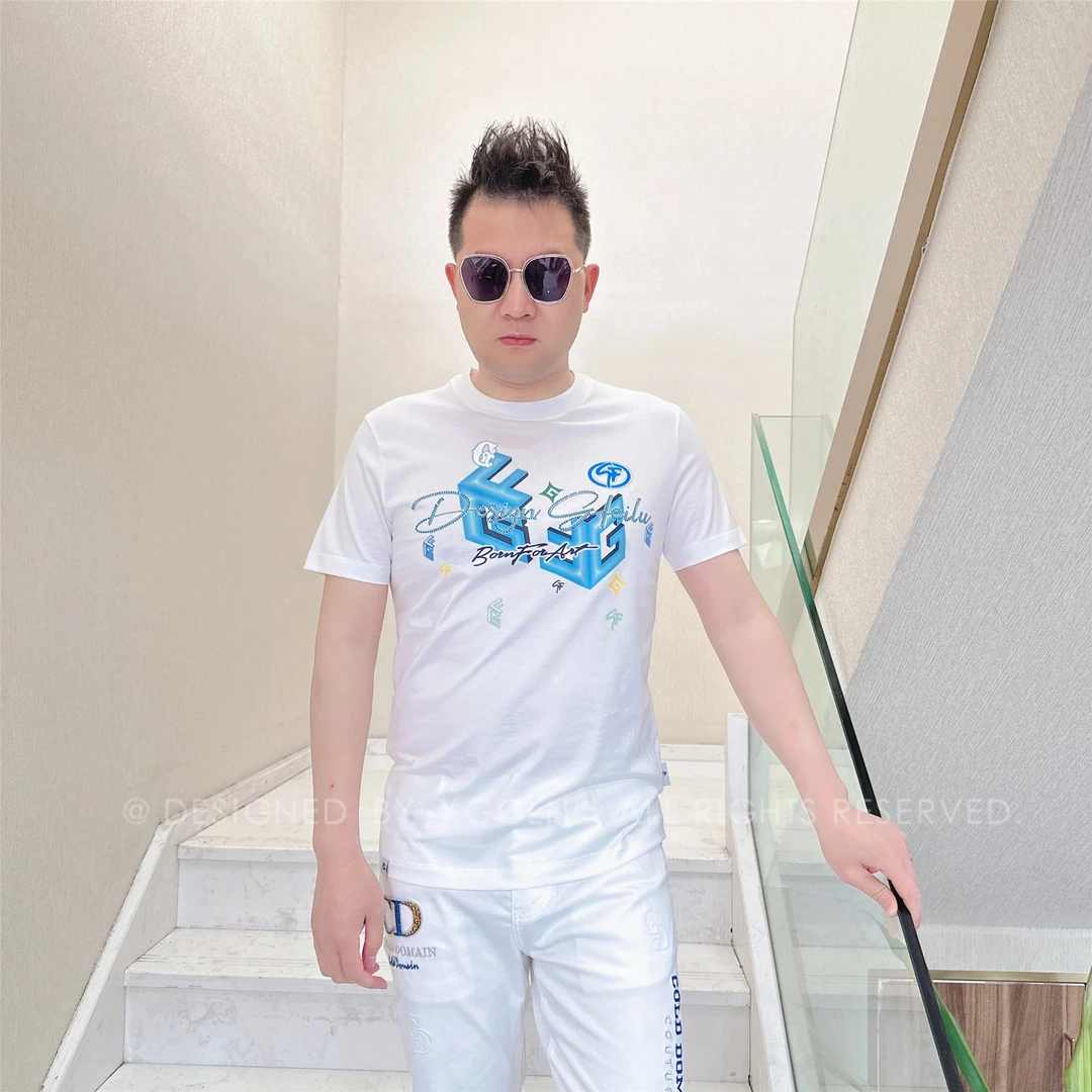 春夏款GF两个立体方形GF男士品质高端轻奢洋气上档次潮牌短袖t恤