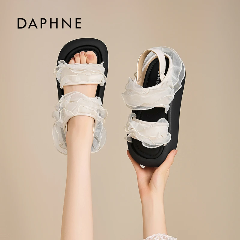 达芙妮露趾凉拖鞋2025夏季蕾丝小香风一脚蹬休闲外穿时尚沙滩鞋L