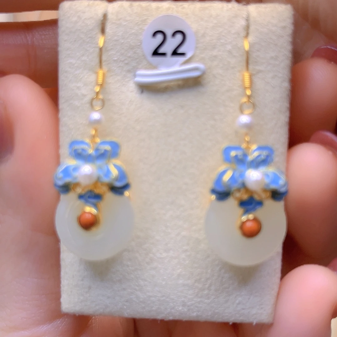 和田玉银S925镀金镶嵌耳饰