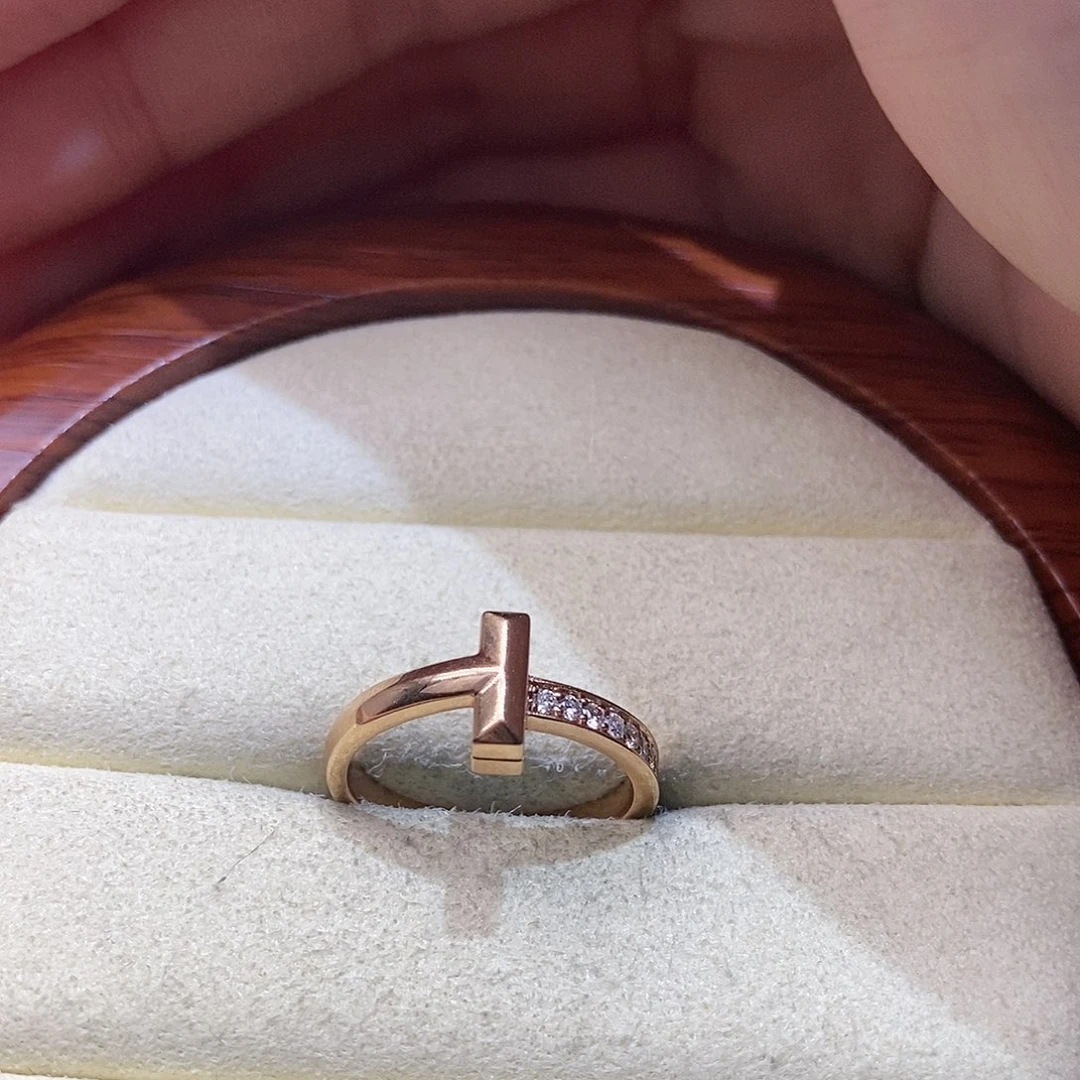 钻石戒指/指环18K金镶嵌T1半钻k玫窄14