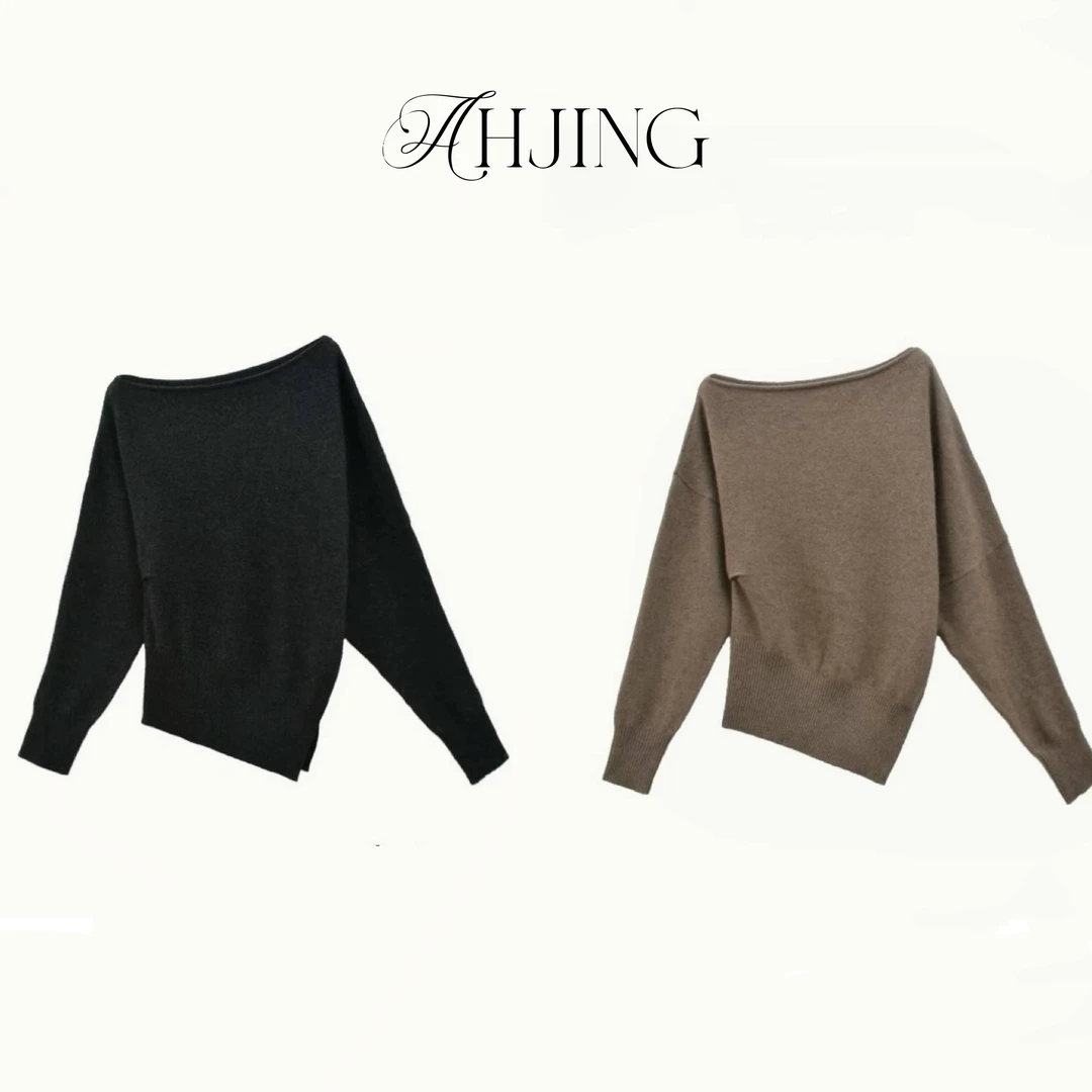 梓静 高级感斜肩纯色春秋女士打底一字领露肩不规则针织套头0045