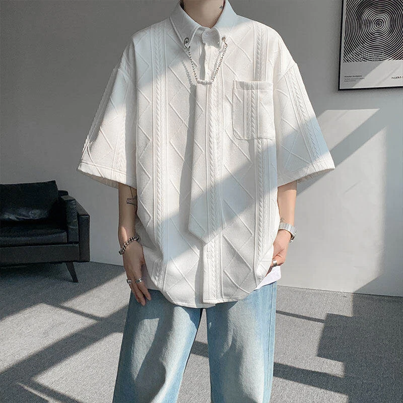 痞帅DK领带设计感短袖衬衫男夏季潮流学院风衬衣百搭宽松休闲寸衣