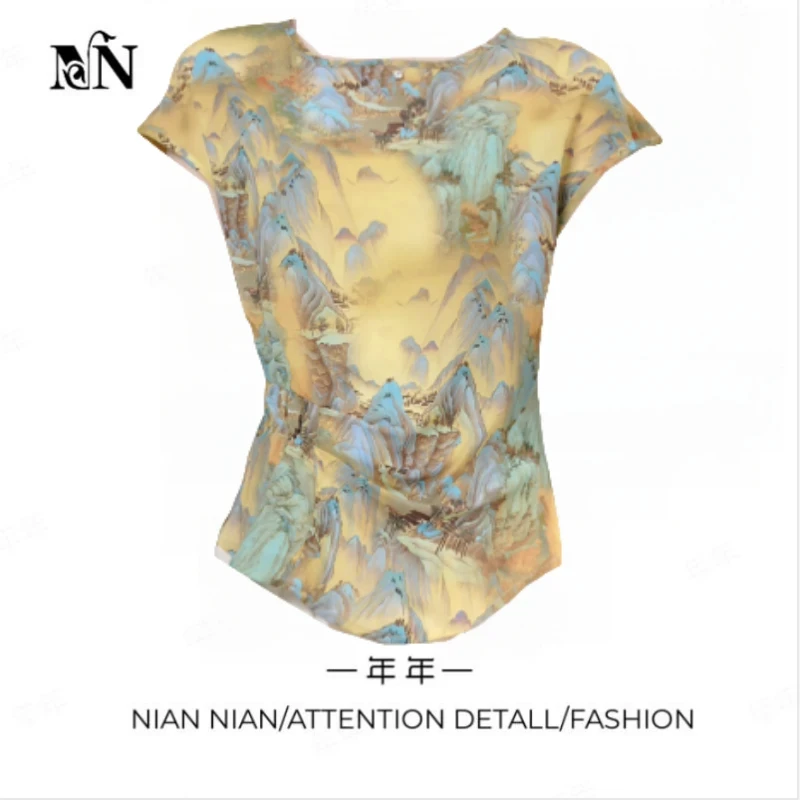 〖清雅气场〗年年2025夏季新款气质优雅时尚山水画印花收腰褶皱上衣