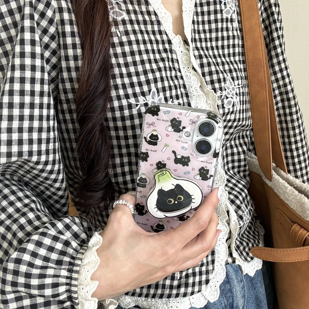 细闪蒜头黑猫咪适用苹果16promax手机壳趣味可爱/13/15pro防摔ins