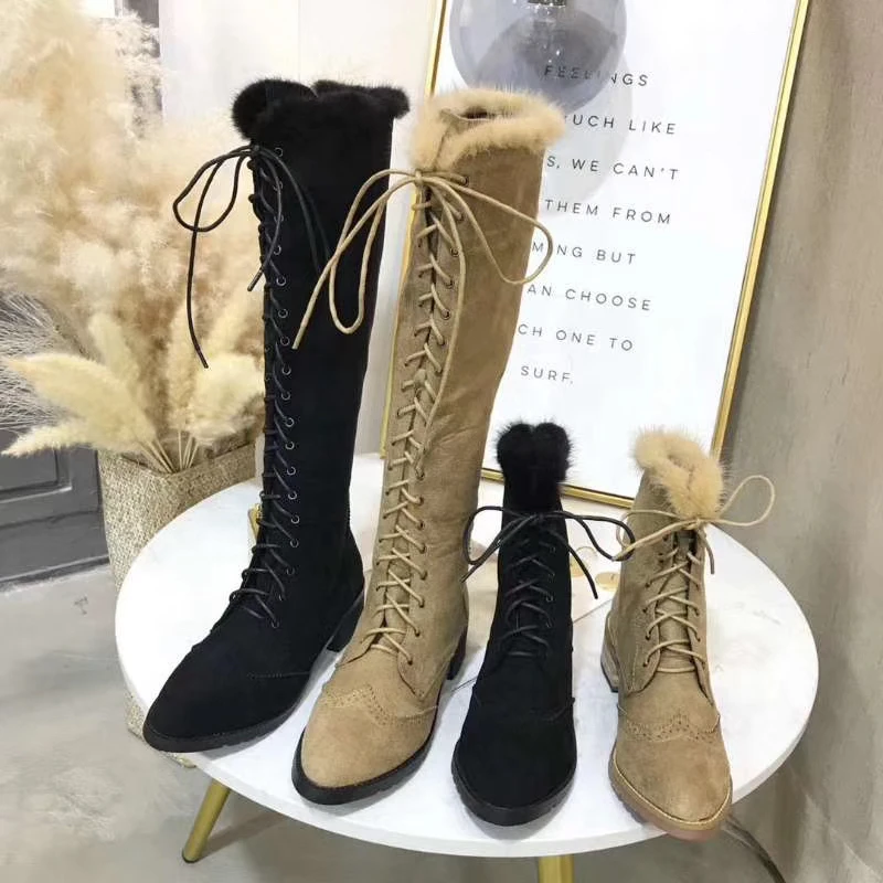绑带貂毛雪地靴女冬季长筒靴平底加厚加绒棉鞋高筒棉靴保暖