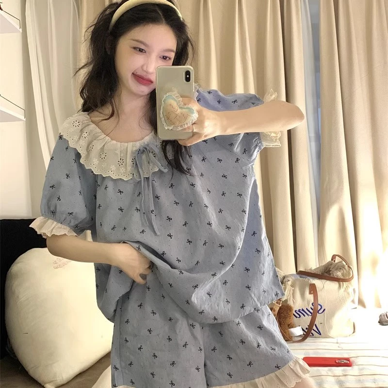 夏季韩版甜美蕾丝花边蝴蝶结学生短袖短裤家居服套装公主风睡衣女