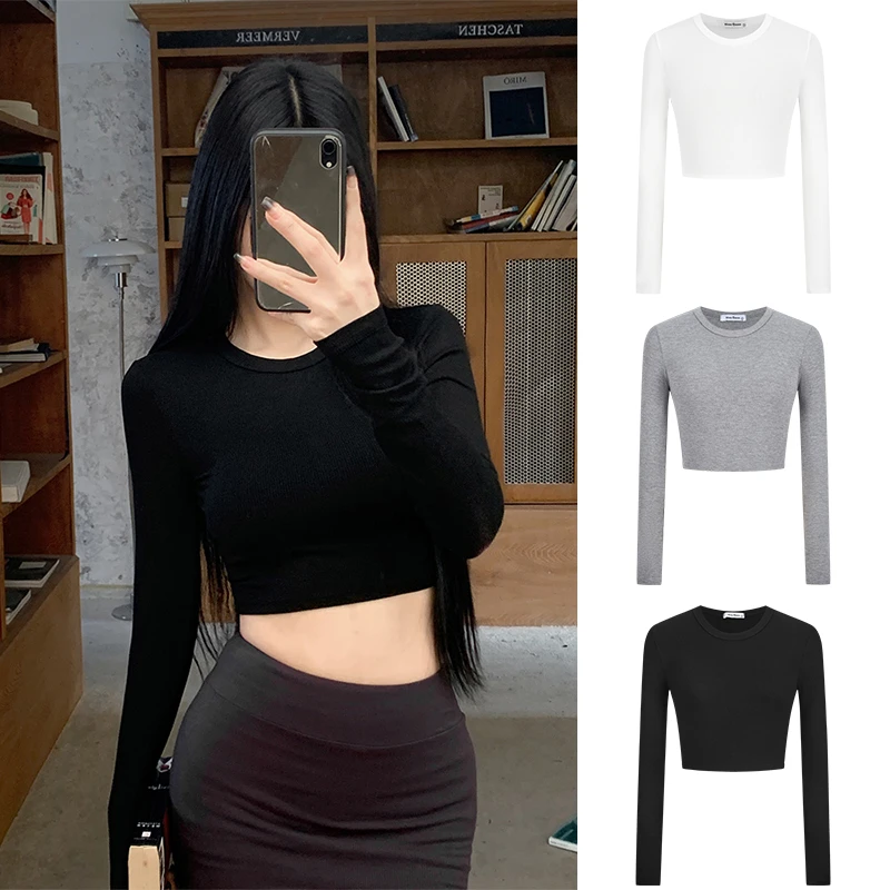Moses Queen/魔西女王辣妹掐腰显瘦长袖T恤打底衫女短款紧身上衣