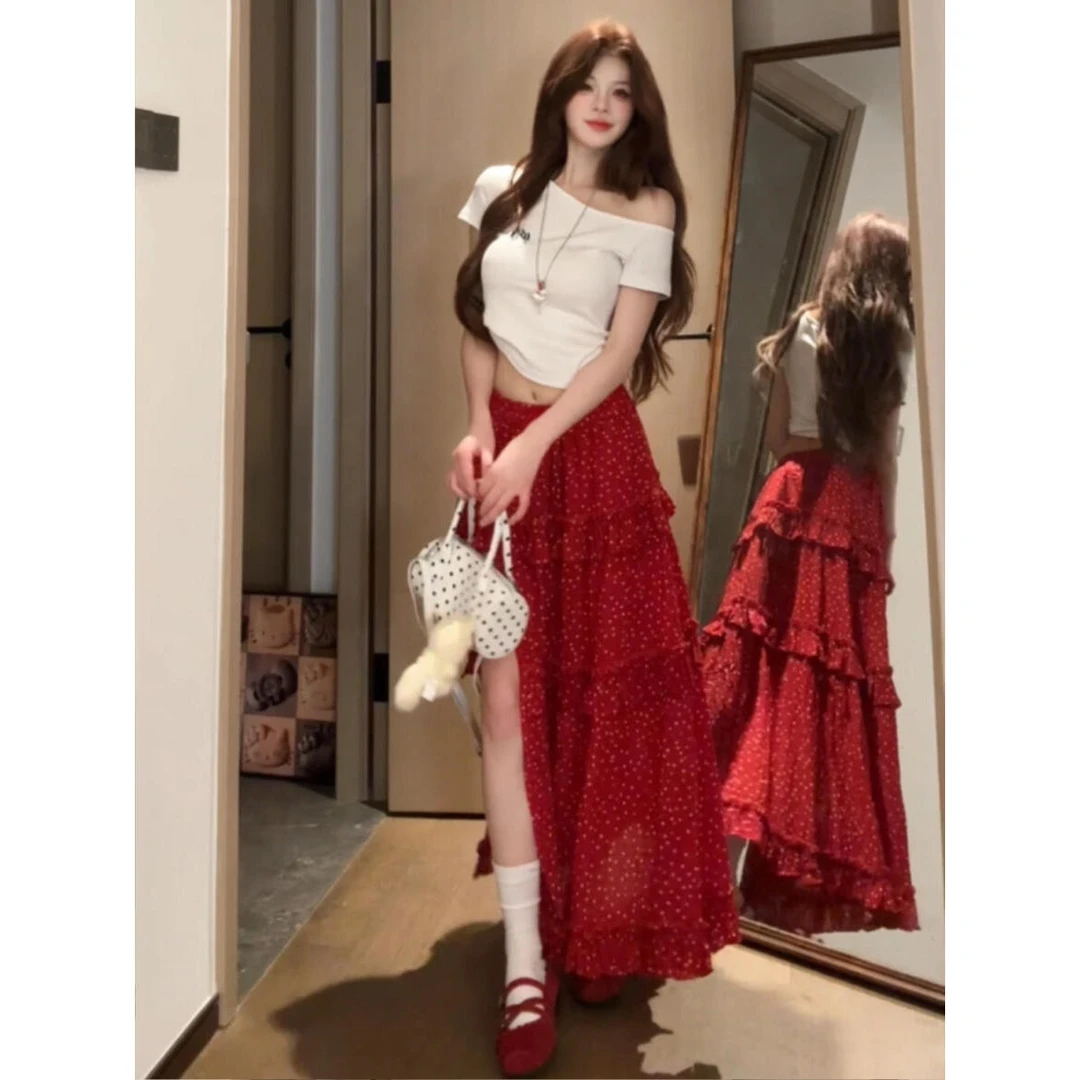 纯欲性感甜辣风时尚洋气斜肩显瘦短袖T恤上衣夏季新款高腰半身裙