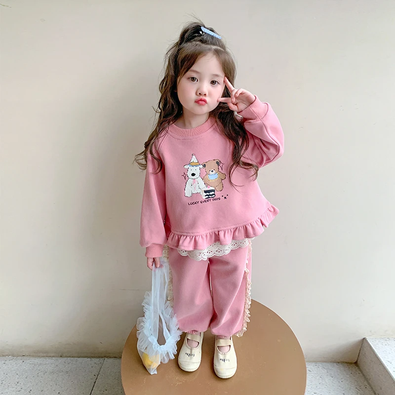 女童花边卫衣套装洋气儿童春秋装新款韩版女宝宝休闲两件套小女孩