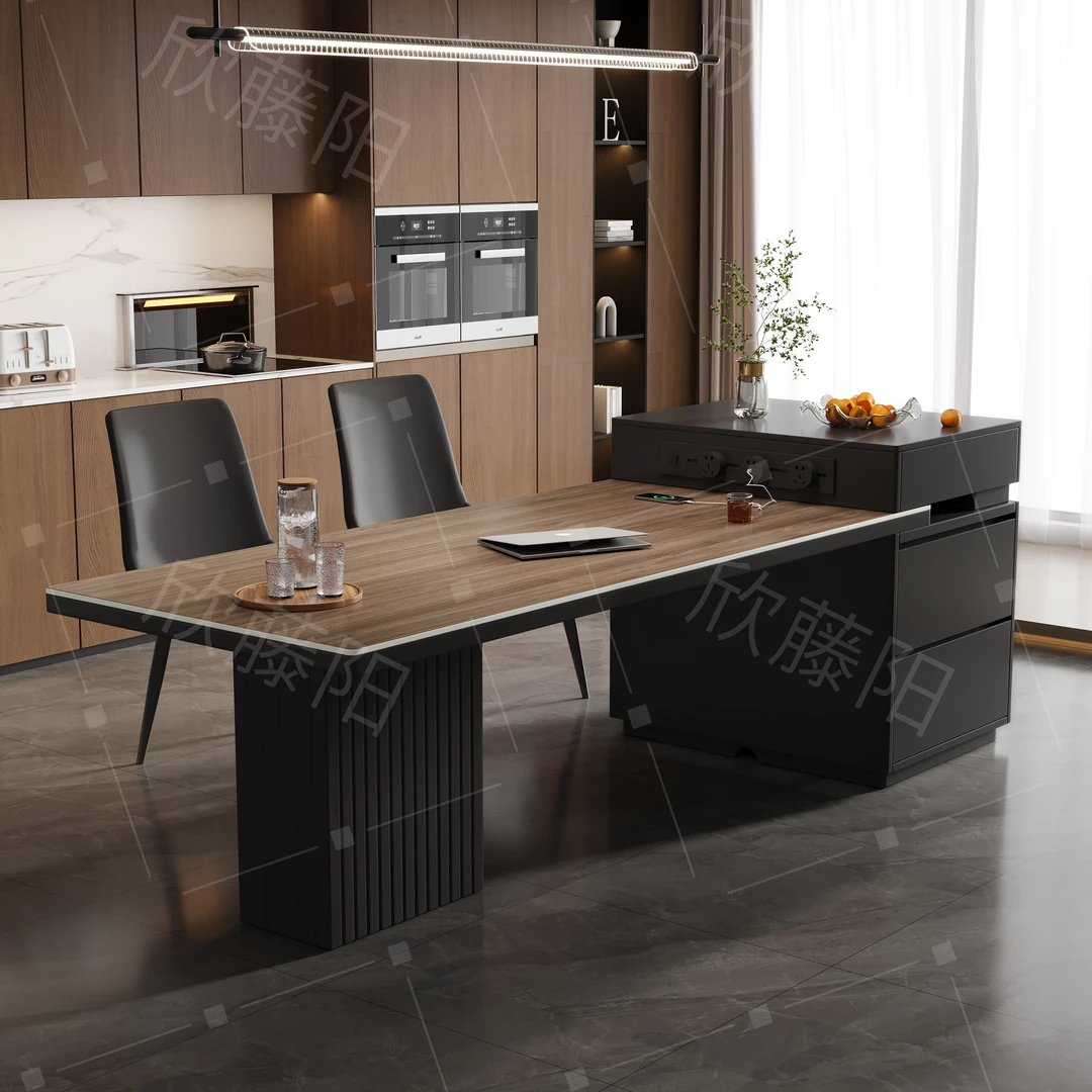 2025新款中古风意式岩板岛台餐桌一体可伸缩茶台家用高级现代美式