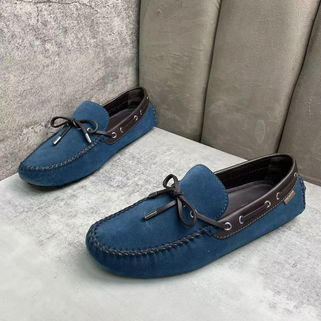 95新 LouisVuitton/路易威登 藏蓝色麂皮蝴蝶结软底豆豆鞋/42.5码