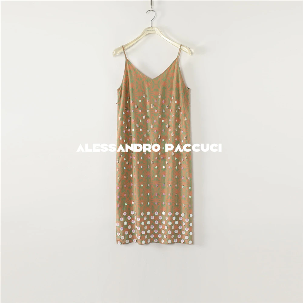 AP洛哥52030LL【黑标锦绣瑶光】桑蚕丝V领手工钉珠印花吊带裙连衣裙