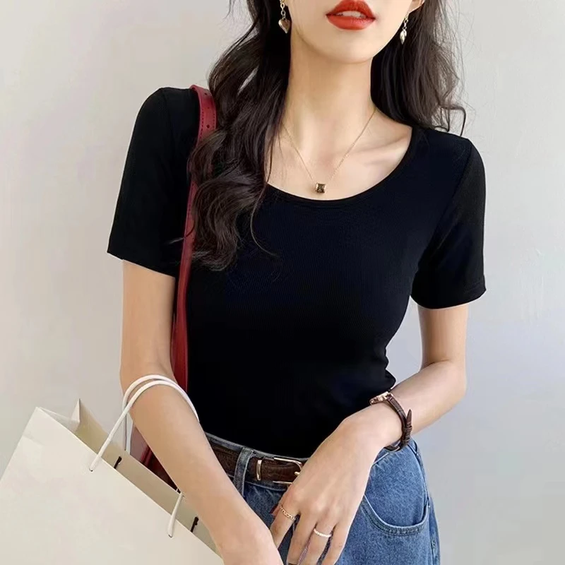 t恤女款爆款2025新款百搭U领螺纹短袖修身正肩短款上衣红色短袖