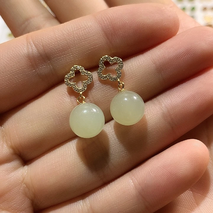 银S925镀金镶嵌和田玉（青白玉）耳饰?***安