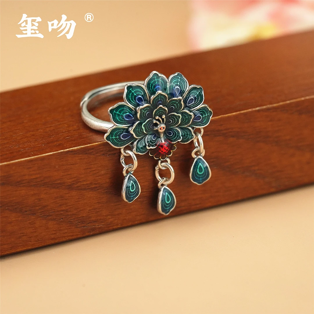 925银戒指 【玺吻】s925银 孔雀开屏 纯手工景泰蓝孔雀戒指纯银戒指