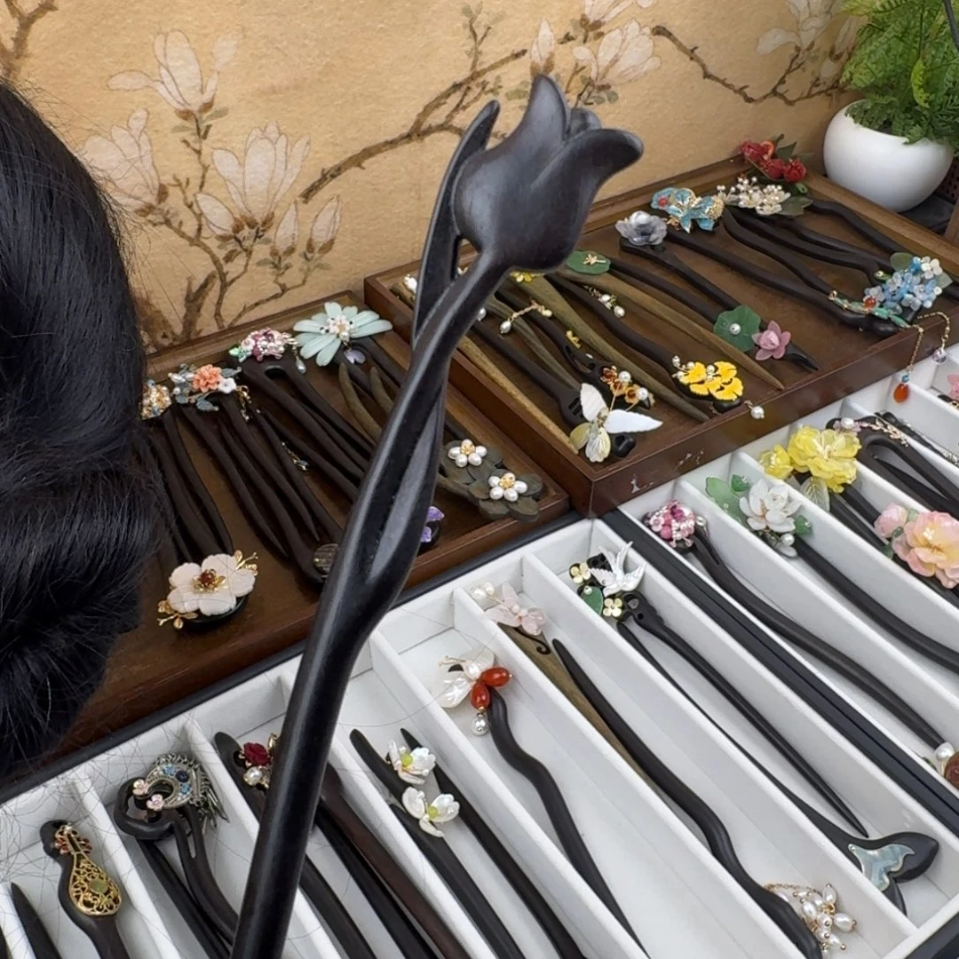 沐***林醋酸铁合金18厘米黑檀木素簪郁金香