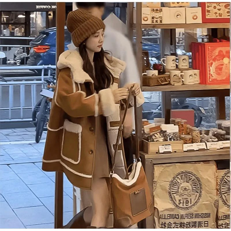 韩版小个子加绒连帽大口袋宽松新款美拉德复古中长款毛外套加厚