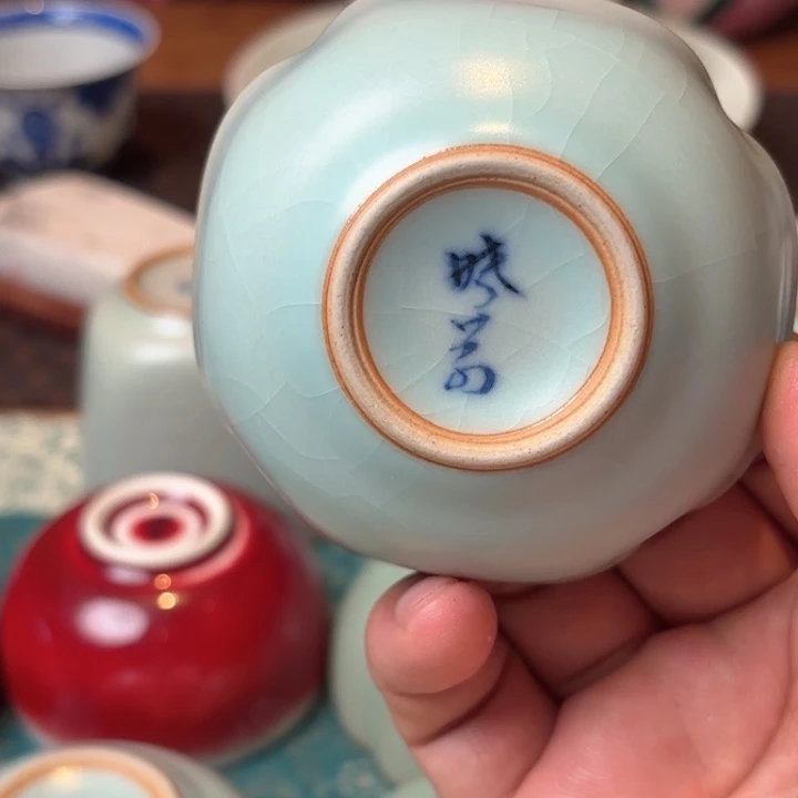 体***～晓芳窑仿汝天青开片菱四方杯