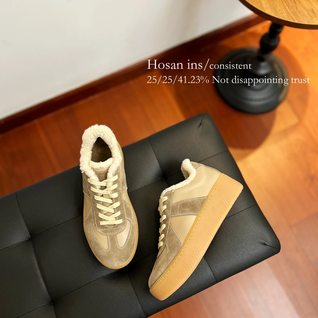 HOSAN秋冬新款拼接复古加绒厚底德训鞋百搭个性增高休闲鞋女