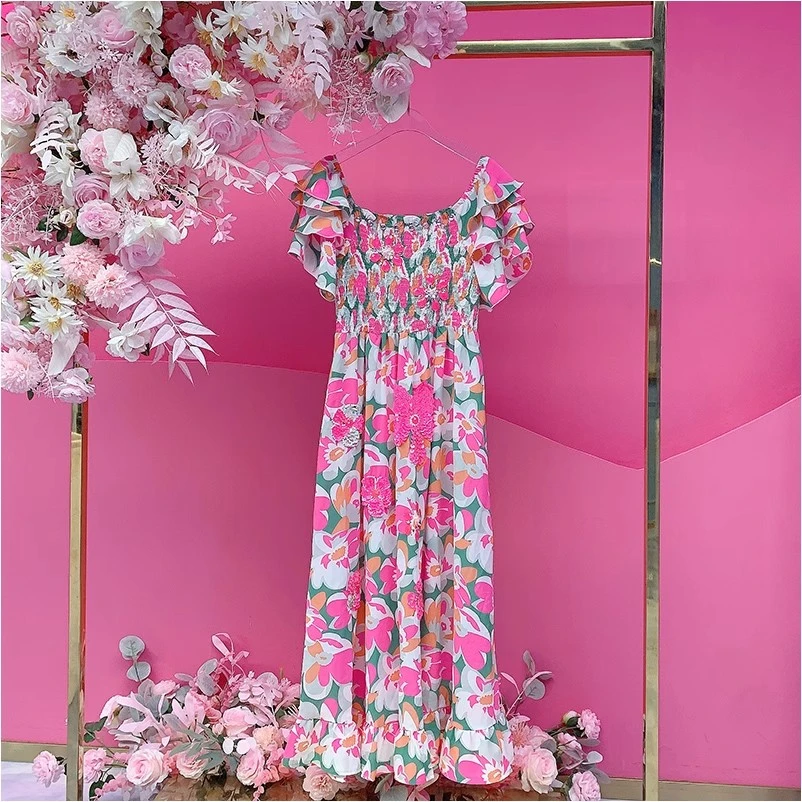 A1971欧美设计师2025夏季新款钉钻刺绣亮片花朵荷叶袖时尚连衣裙