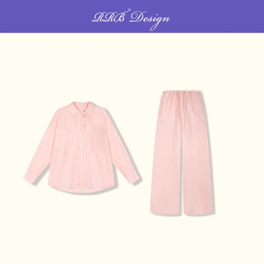 RRB Design「浅夏新章」宽松百搭显瘦长袖衬衫松紧腰阔腿裤亚麻套装