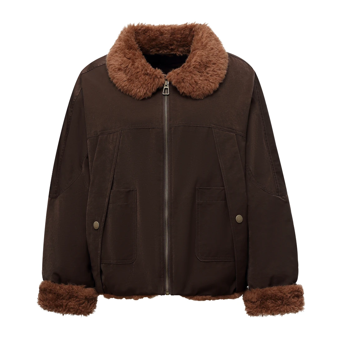 欧倪蜜 OUNIMI颜境毛绒翻领慵懒风工装感休闲夹克羽绒服88AW1363