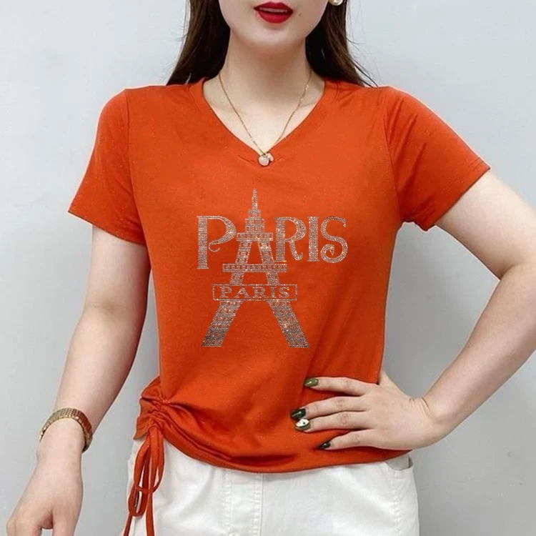 2025春夏季新款V领短袖T恤女装绑带打底衫正肩上衣cnwm显瘦