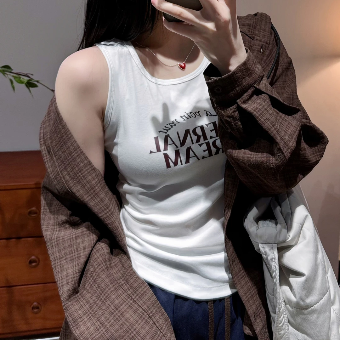 今婷韩版时尚百搭慵懒简约字母印花纯色无袖背心吊带女-H25101321