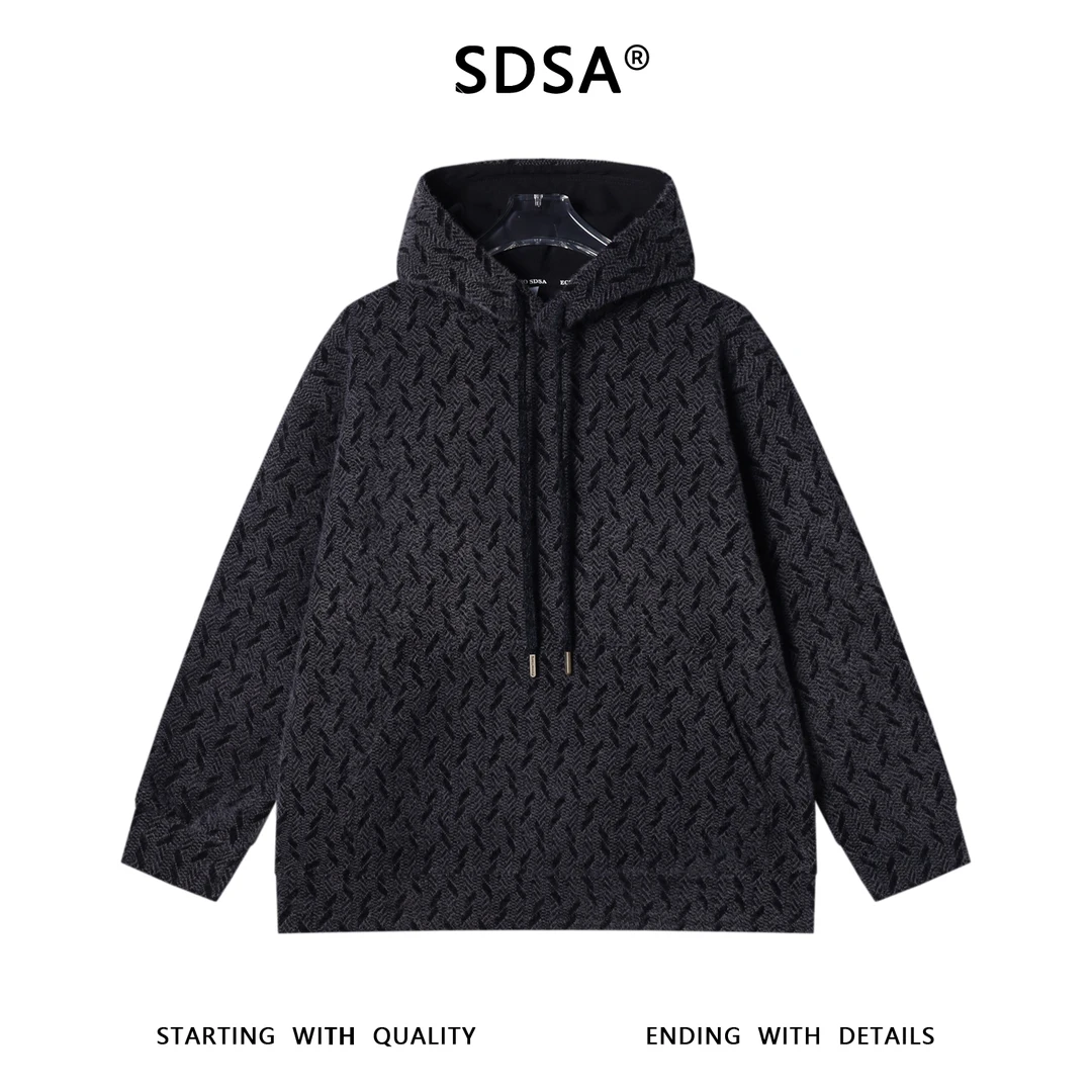 SDSA男士秋冬新款痞帅男装设计师撞色暗纹提花抽绳连帽卫衣高级感