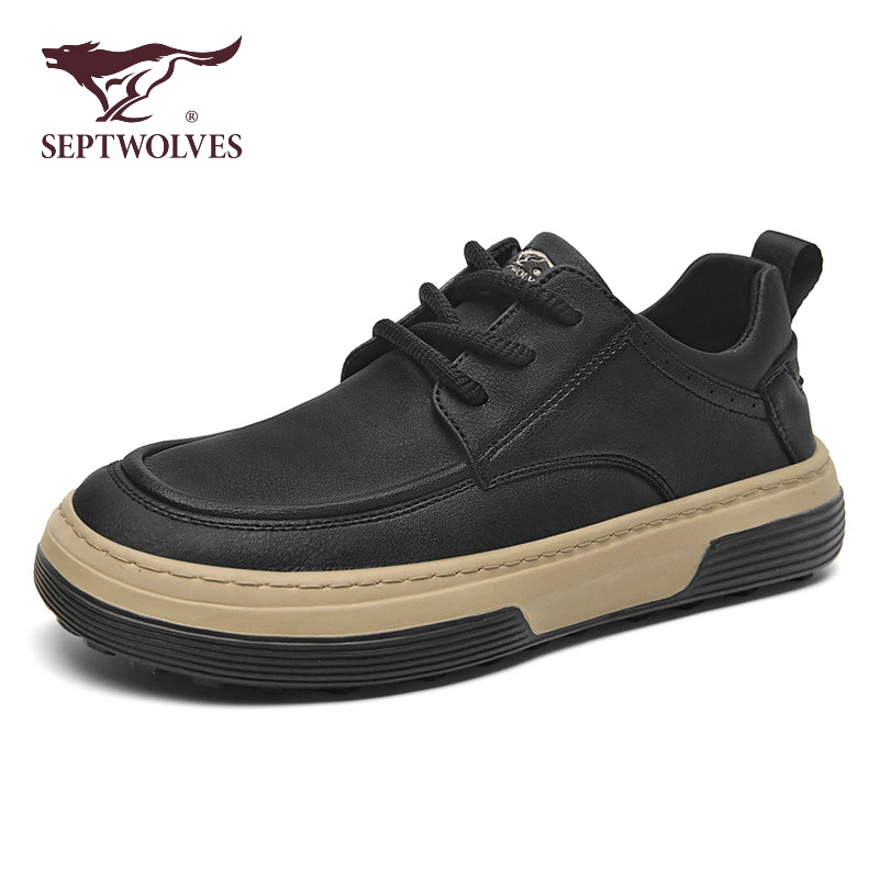 七匹狼正品秋季男鞋2025新款软底舒适男士休闲鞋黑色皮鞋厚底板鞋