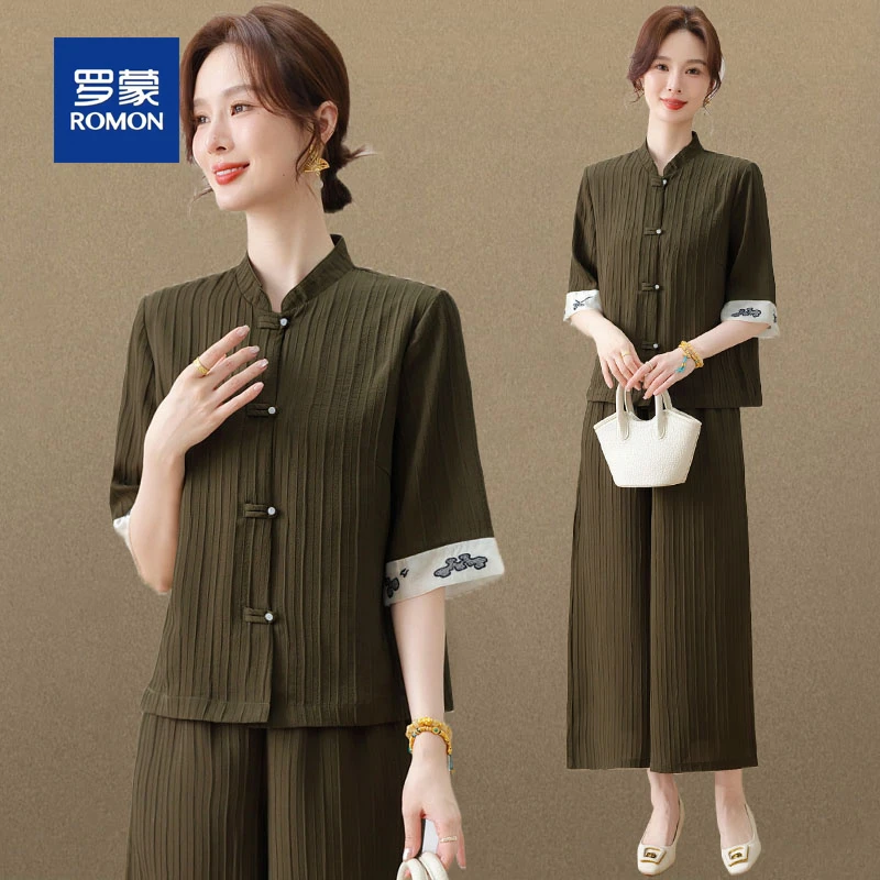 罗蒙时尚中老年女装夏季新款气质妈妈套装阔太太衬衫裤子两件套女
