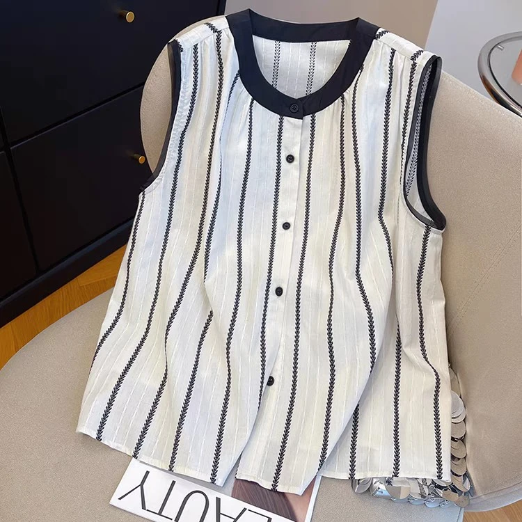 009高级感条纹薄款无袖衬衫女年夏季新款宽松撞色小个子背心上衣