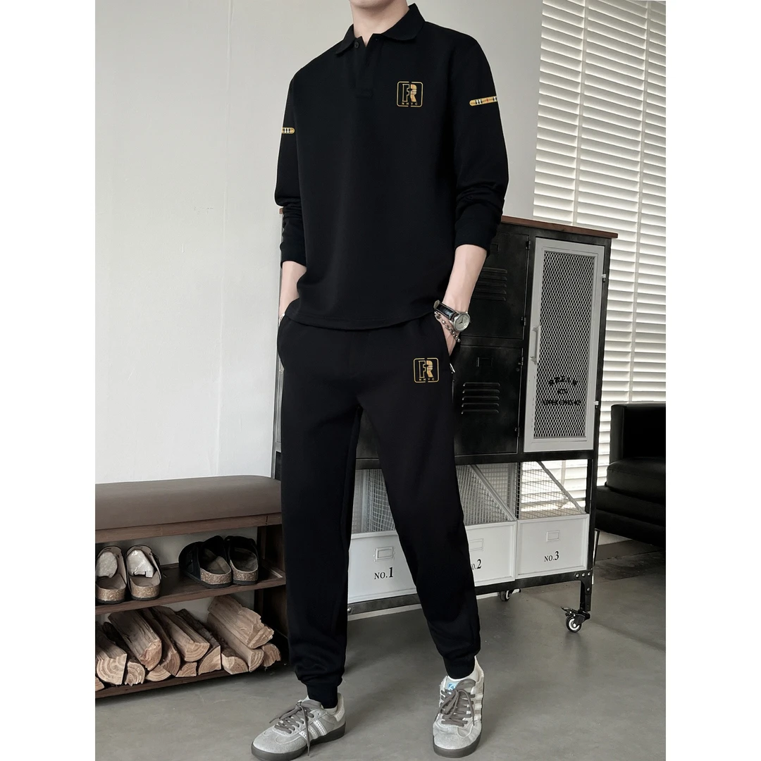 POLO衫套装男士秋冬季新款时尚潮流翻领长袖上衣休闲裤搭配两件套