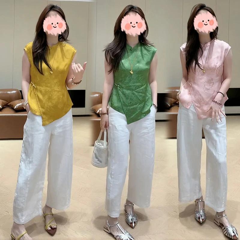 高级感新中式印花上衣套装女夏季新款温柔风白色薄款阔腿裤两件套