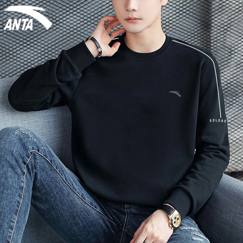 安踏卫衣男加绒针织运动上衣男2025秋冬季新款基础百搭圆领套头衫