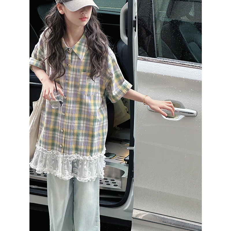 K29083学院风蕾丝格纹女童衬衫2025新款夏装儿童短袖休闲上衣T恤