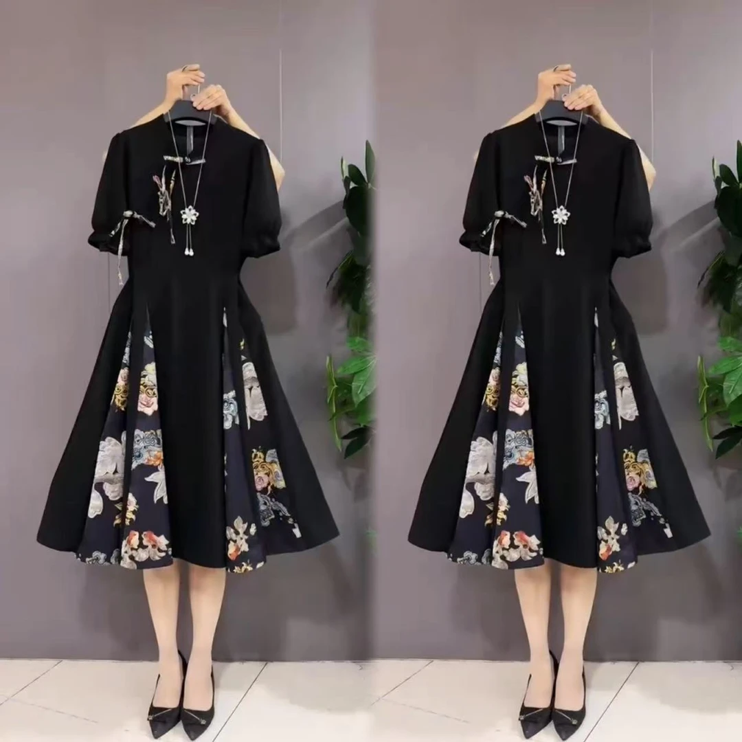 新中式国风洋气刺绣设计百搭连衣裙夏季新款胖妹妹收腰复古A字裙