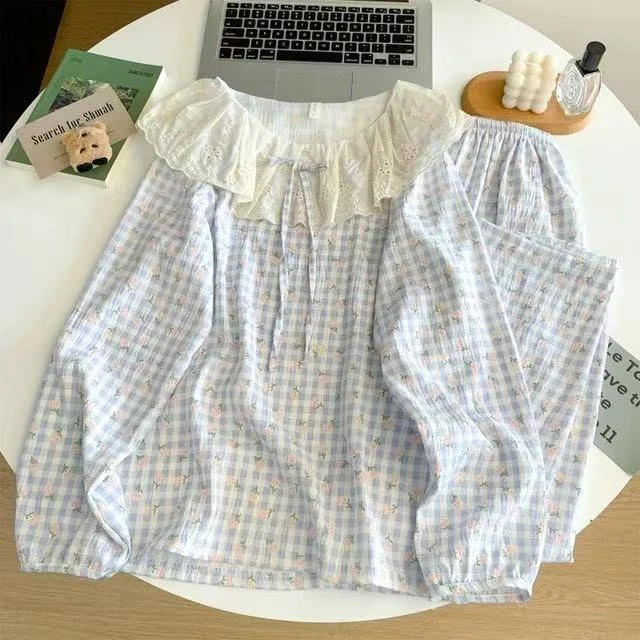 睡衣女春秋季少女甜美蕾丝花边格子长袖长裤家居服套装
